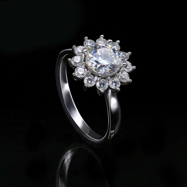 1ct 6.5mm White Moissanite 925 Sterling Silver Sun Flower Ring for Women  -  GeraldBlack.com