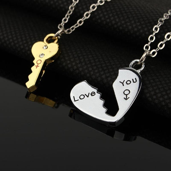2 Pcs European Broken Heart Silver Plated Key Pendant Necklaces Jewelry - SolaceConnect.com