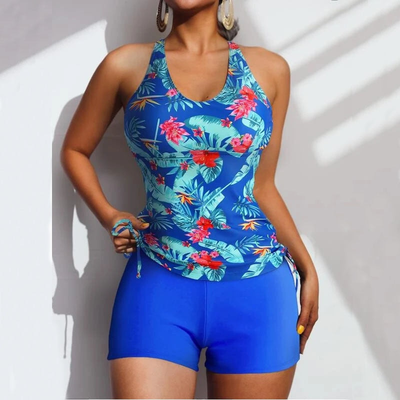 2 Pieces Floral Printed Tankini and Solid Color Shorts Swimwear for Women  -  GeraldBlack.com