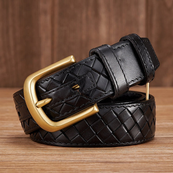 3.8cm Copper Buckle Designer Cowskin Genuine Leather Belts For Men Luxury Woven Cowboy Braided Strap for Jeans  -  GeraldBlack.com