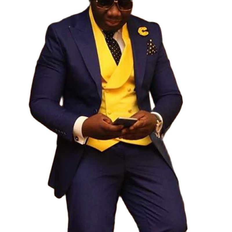 3 Piece African Men Suits Slim Fit Yellow Double Breasted Waistcoat Royal Blue Wedding Tuxedo for  -  GeraldBlack.com
