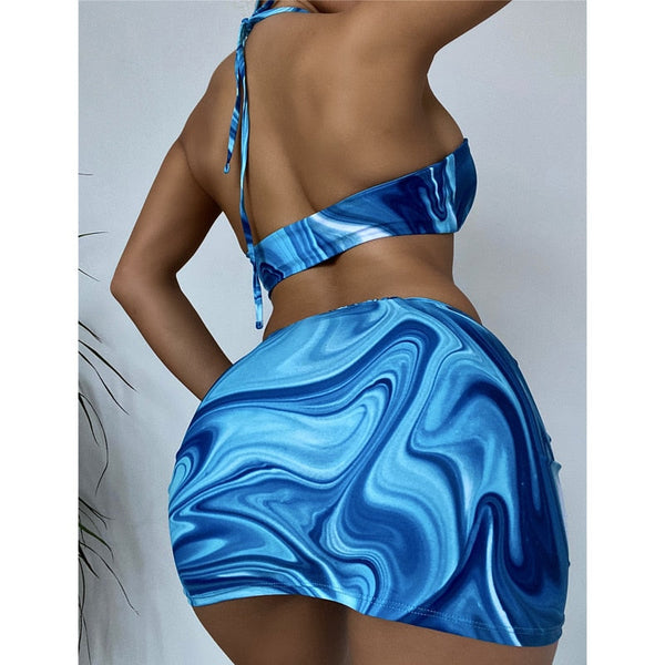 3-Piece Bandeau Bikini Set with Skirt Women's Wire Free Halter Bathing Suit  -  GeraldBlack.com