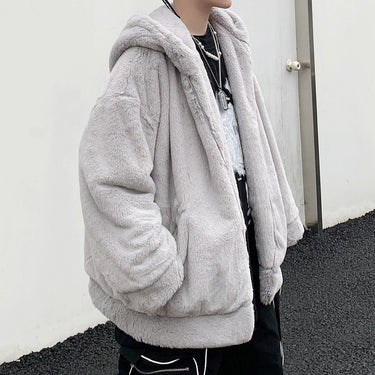 3 Solid Colors Loose Rabbit Hair Thickened Hooded Casual Men's Jacket - SolaceConnect.com