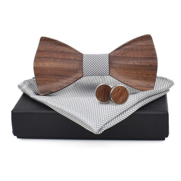 3D Fashion Wedding Handmade Pocket Square Cufflinks Wooden Bowtie Set - SolaceConnect.com