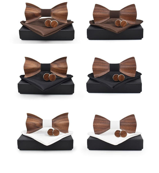 3D Fashion Wedding Handmade Pocket Square Cufflinks Wooden Bowtie Set - SolaceConnect.com