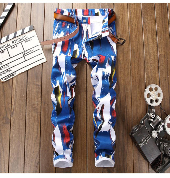 3D Pattern Slim Printed Jeans for Men Blue White Stretch Fashion Denims - SolaceConnect.com