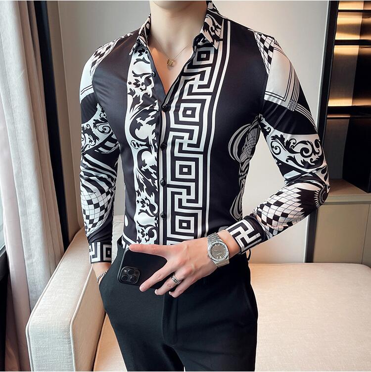 47-54kg Men's Black Luxury Print Clothing Designer Long Sleeve Shirt  -  GeraldBlack.com