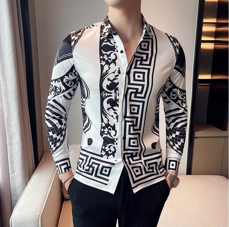 47-54kg Men's White Luxury Print Clothing Designer Long Sleeve Shirt  -  GeraldBlack.com