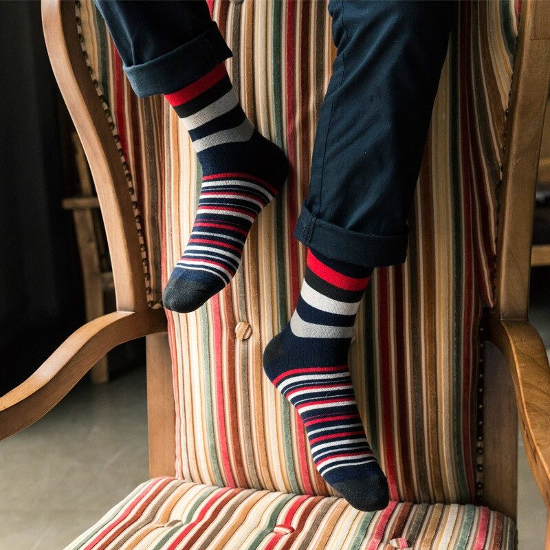 5 Pairs Casual Fashion Men's Chromatic Stripe Crew High Socks  -  GeraldBlack.com