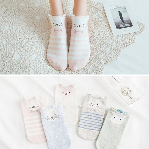 5 Pairs Cute Cat Animal Ear Short Casual Cotton Ankle Socks for Women - SolaceConnect.com