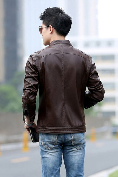 5XL Men's Slim Leather Motorcycle Coat Jackets with Stand Collar - SolaceConnect.com