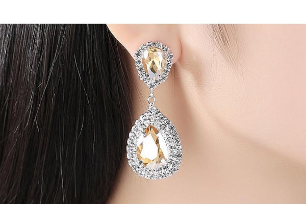 6 Colors Bridal Party Wedding Jewelry Clear Crystal Teardrop Long Earrings - SolaceConnect.com