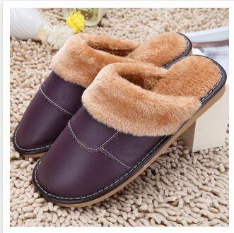 6 Colors Women Men Genuine Leather Plush Warm Indoor Home Slippers - SolaceConnect.com