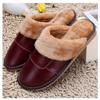 6 Colors Women Men Genuine Leather Plush Warm Indoor Home Slippers - SolaceConnect.com