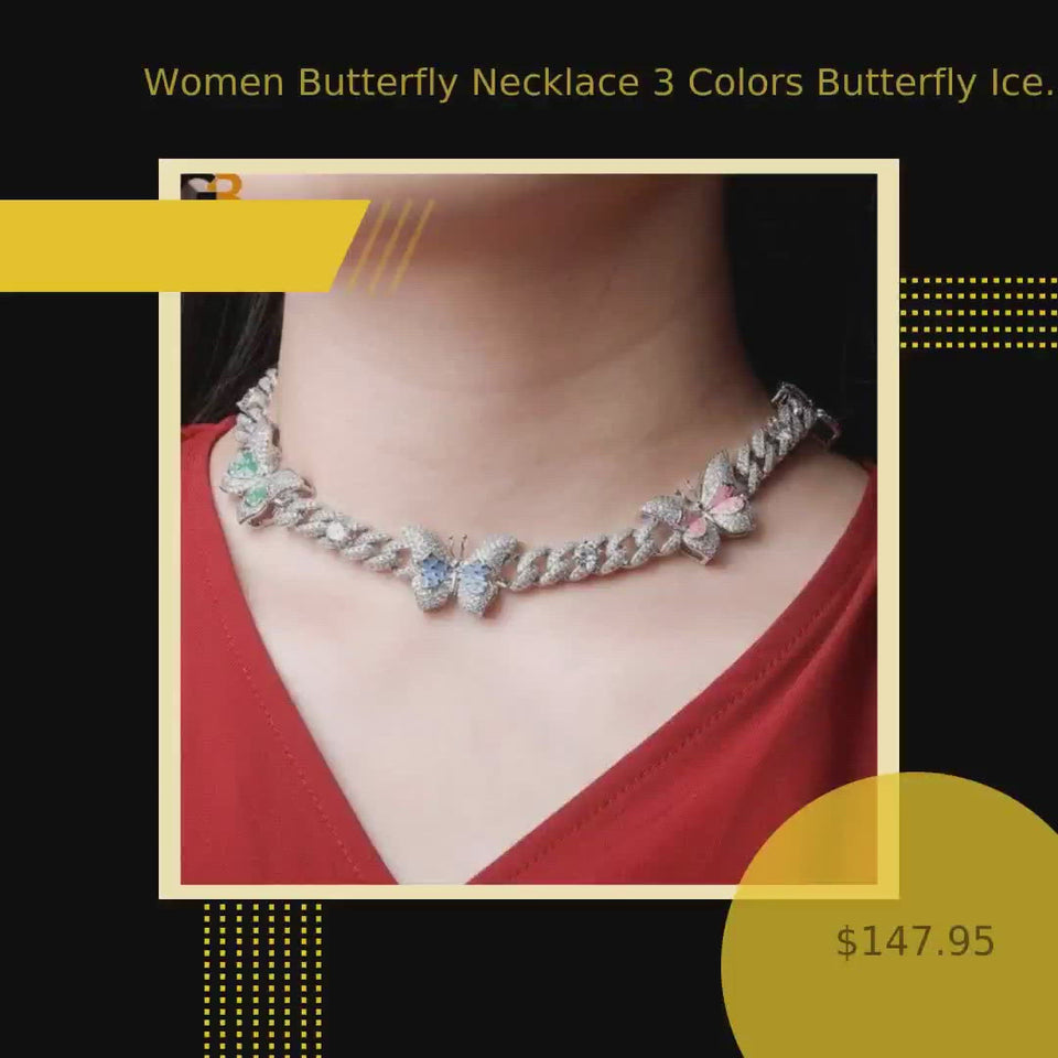 Women Butterfly Necklace 3 Colors Butterfly Iced Out Cubic Zirconia Cuban Choker Necklace Hip Hop by@Vidoo