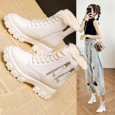 7cm Genuine Leather Snow Boots Plush Warm Fur Ankle Booties Platform Thick Sole Women Causal  Lace Up Winter Shoes  -  GeraldBlack.com