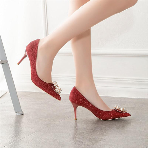 7cm Pearl Thin Slip-On High Heel Glitter Crystal Pumps for Women - SolaceConnect.com