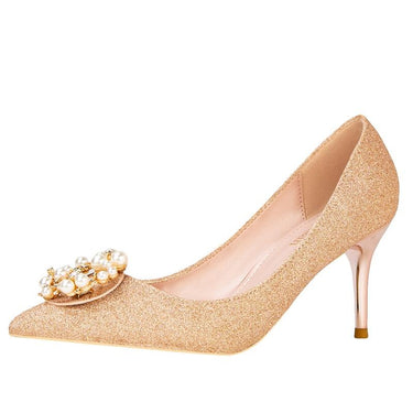 7cm Pearl Thin Slip-On High Heel Glitter Crystal Pumps for Women - SolaceConnect.com