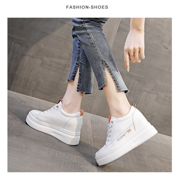 8.5cm Platform Wedge Sneakers Height Increased Shoes Genuine Leather for Women Spring Autumn Shoes White  -  GeraldBlack.com