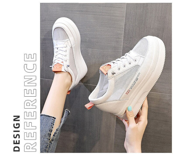 8.5cm Platform Wedge Sneakers Height Increased Shoes Genuine Leather for Women Spring Autumn Shoes White  -  GeraldBlack.com