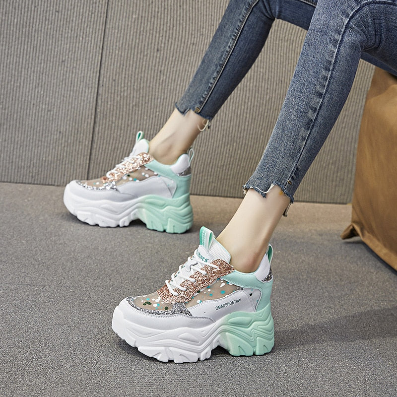 8cm Air Mesh Hollow Genuine Leather Women Platform Sneakers Chunky Shoes Wedge High Heel Breathable Summer Shoes  -  GeraldBlack.com