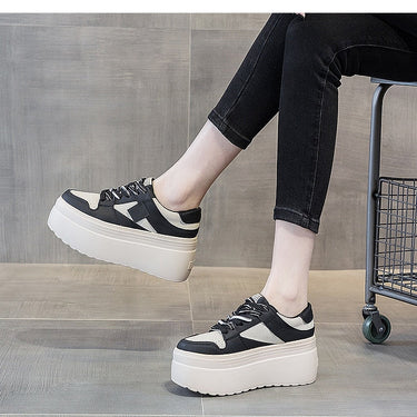 8cm Casual Platform Wedge Hiden Heel Genuine Leather Chunky Sneakers Vulcanized for Women Spring Autumn Mixed Color  -  GeraldBlack.com