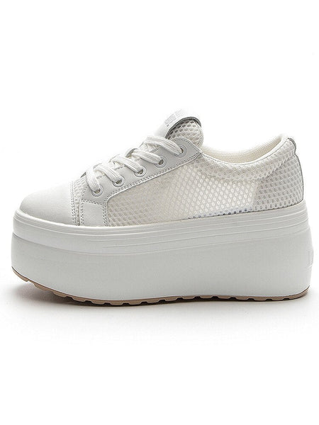 8cm Genuine Leather Women Summer Platform Sneakers Hollow Air Mesh Breathable Casual Shoes  -  GeraldBlack.com