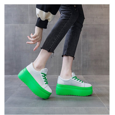8cm Genuine Leather Women Summer Platform Sneakers Hollow Air Mesh Breathable Casual Shoes  -  GeraldBlack.com