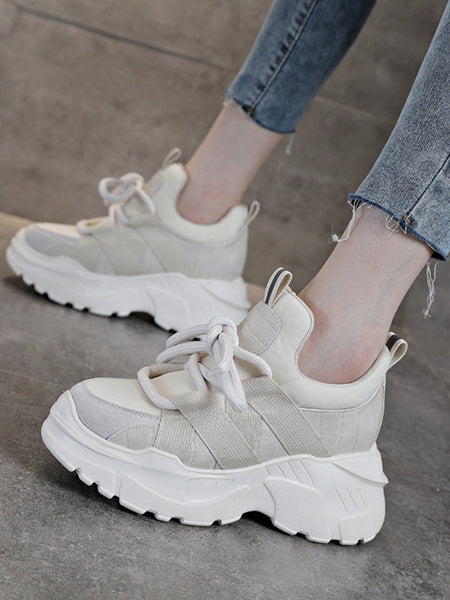 8cm  Lycra Genuine Leather Women Platform Shoes Chunky Sneakers Wedge High Heel Breathable Shoes Tenis Mujer  -  GeraldBlack.com