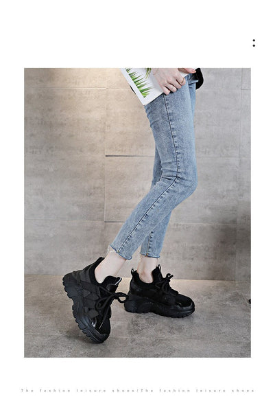 8cm  Lycra Genuine Leather Women Platform Shoes Chunky Sneakers Wedge High Heel Breathable Shoes Tenis Mujer  -  GeraldBlack.com
