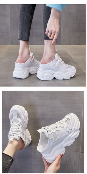 8cm Platform Wedge Sneakers Genuine Leather Hidden Heels Mules Summer Breathable Shoes  -  GeraldBlack.com