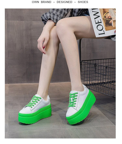 8cm Super High Platform Wedge Sneakers Genuine Leather Women Spring Autumn Green White Shoes  -  GeraldBlack.com