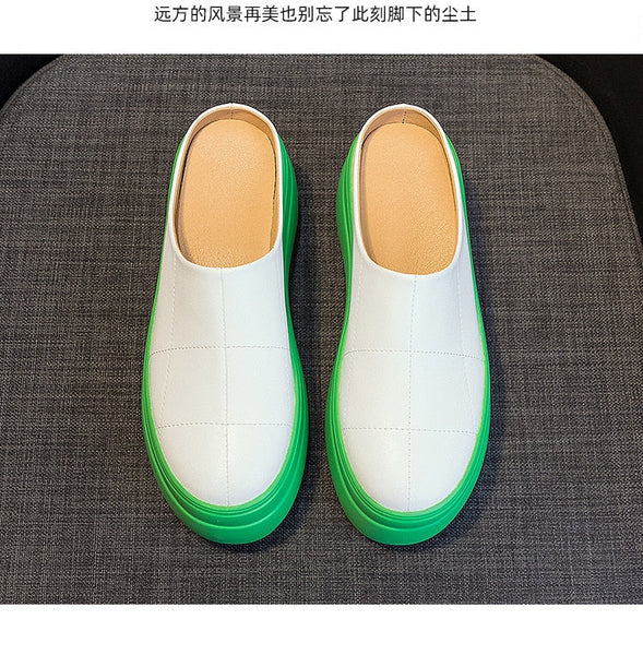 8cm Women Mules Genuine Leather Green White Black Platform Slides Summer Shoes  -  GeraldBlack.com