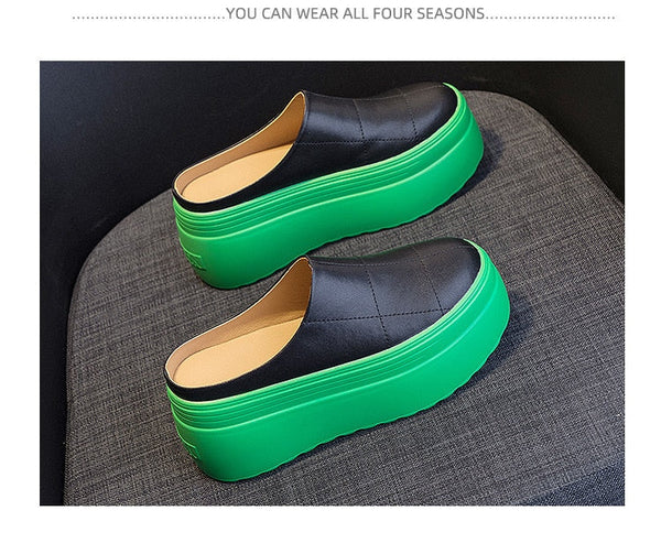8cm Women Mules Genuine Leather Green White Black Platform Slides Summer Shoes  -  GeraldBlack.com