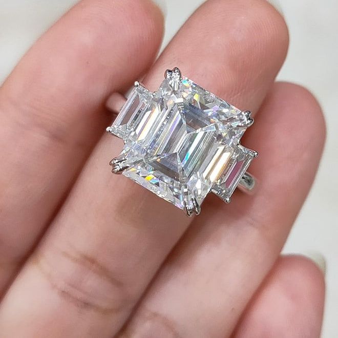 8ct 10*12mm Emerald Cut White Moissanite Three Stones Ring for Women  -  GeraldBlack.com