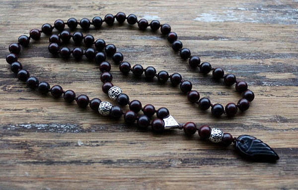 8mm Natural Stone Beads Rosary Wooden Necklace with Black Wing Pendant  -  GeraldBlack.com