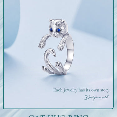 925 Sterling Silver Blue Spinel Cat Hug Opening Ring Animal Adjustable Ring for Women Birthday Gift Fine Jewelry BSR380  -  GeraldBlack.com