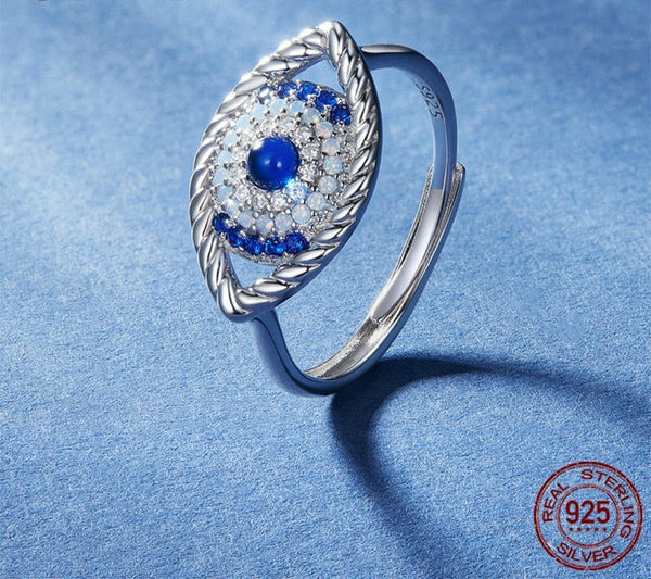 925 Sterling Silver Blue Zircon Devils Eye Opening Ring Lucky Adjustable Ring for Women Birthday Gift Fine Jewelry  -  GeraldBlack.com