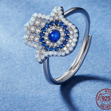 925 Sterling Silver Blue Zircon Fatima‘s Hand Opening Ring Guard Adjustable Ring for Women Fashion Fine Jewelry BSR377  -  GeraldBlack.com