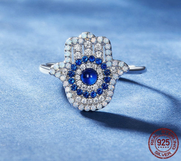 925 Sterling Silver Blue Zircon Fatima‘s Hand Opening Ring Guard Adjustable Ring for Women Fashion Fine Jewelry BSR377  -  GeraldBlack.com