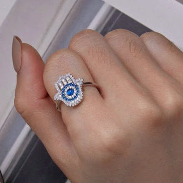 925 Sterling Silver Blue Zircon Fatima‘s Hand Opening Ring Guard Adjustable Ring for Women Fashion  -  GeraldBlack.com