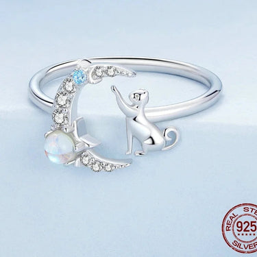 925 Sterling Silver Cat and Moon Cute Animal Opening Ring Moonstone Adjustable Ring for Women Birthday Gift BSR315  -  GeraldBlack.com