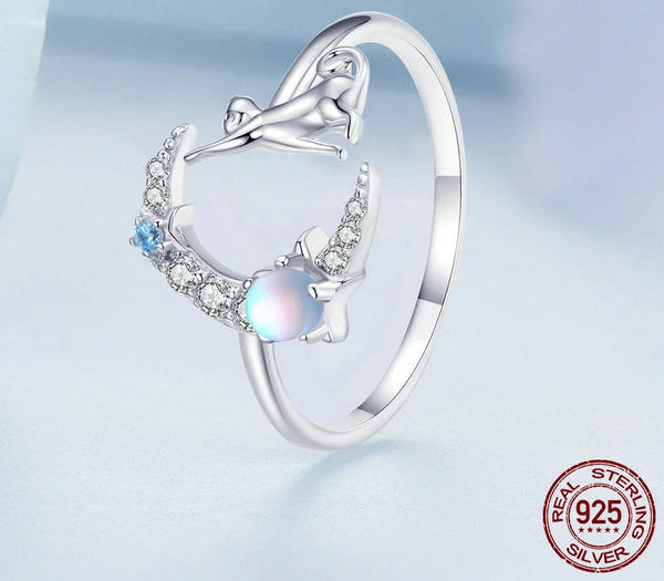 925 Sterling Silver Cat and Moon Cute Animal Opening Ring Moonstone Adjustable Ring for Women Birthday Gift BSR315  -  GeraldBlack.com