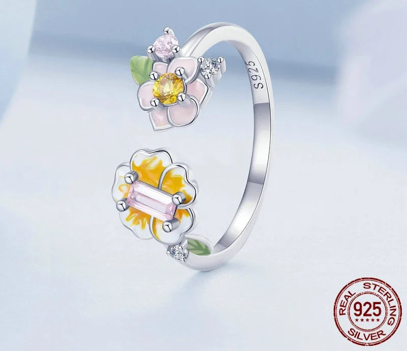 925 Sterling Silver Colorful Enamel Flower Adjustable Ring Yellow Zircon Open Ring for Women Romantic Jewelry BSR342  -  GeraldBlack.com