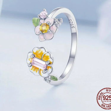 925 Sterling Silver Colorful Enamel Flower Adjustable Ring Yellow Zircon Open Ring for Women Romantic Jewelry BSR342  -  GeraldBlack.com