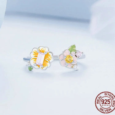 925 Sterling Silver Colorful Enamel Flower Adjustable Ring Yellow Zircon Open Ring Jewelry BSR342  -  GeraldBlack.com