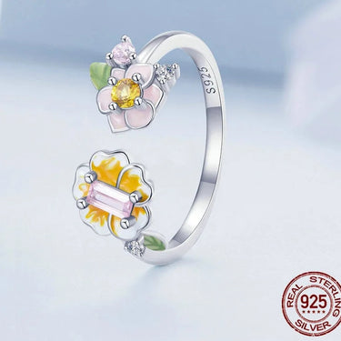 925 Sterling Silver Colorful Enamel Flower Adjustable Ring Yellow Zircon Open Ring Jewelry BSR342  -  GeraldBlack.com