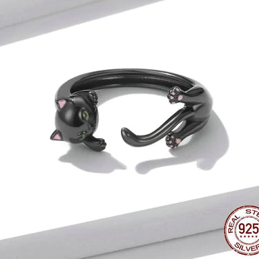 925 Sterling Silver Creative Dark Black Cat Silver Ring for Women Girls Gift Adjustable Ring Jewelry Anillo BSR217  -  GeraldBlack.com