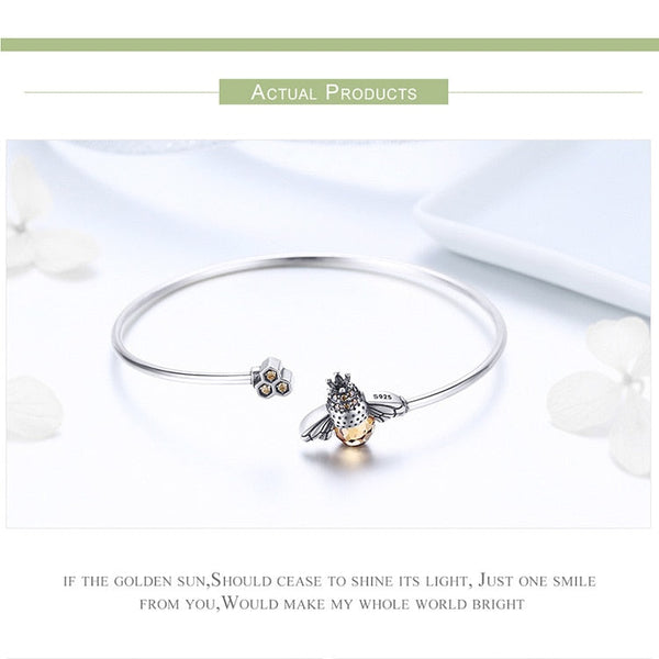 925 Sterling Silver Crystal Yellow Bee Bangle Silver Cute Insect Bracelets for Women Birthday Gift Fine Jewelry SCB104  -  GeraldBlack.com