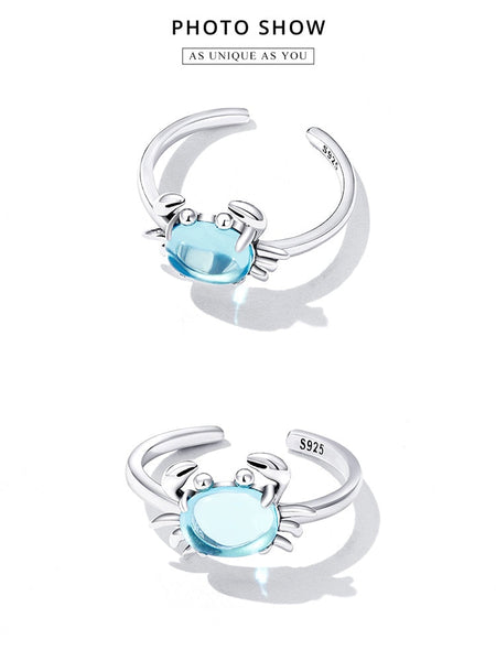 925 Sterling Silver Cute Crab Open Size Ring for Women Delicate Blue Stone Ring Fine Jewelry Summer Beach Party Gift  -  GeraldBlack.com